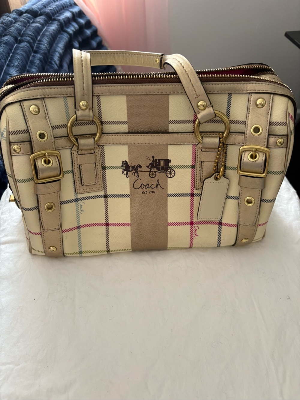 Coach Cream Plaid Satchel with Tan Accents and Gold Hardware